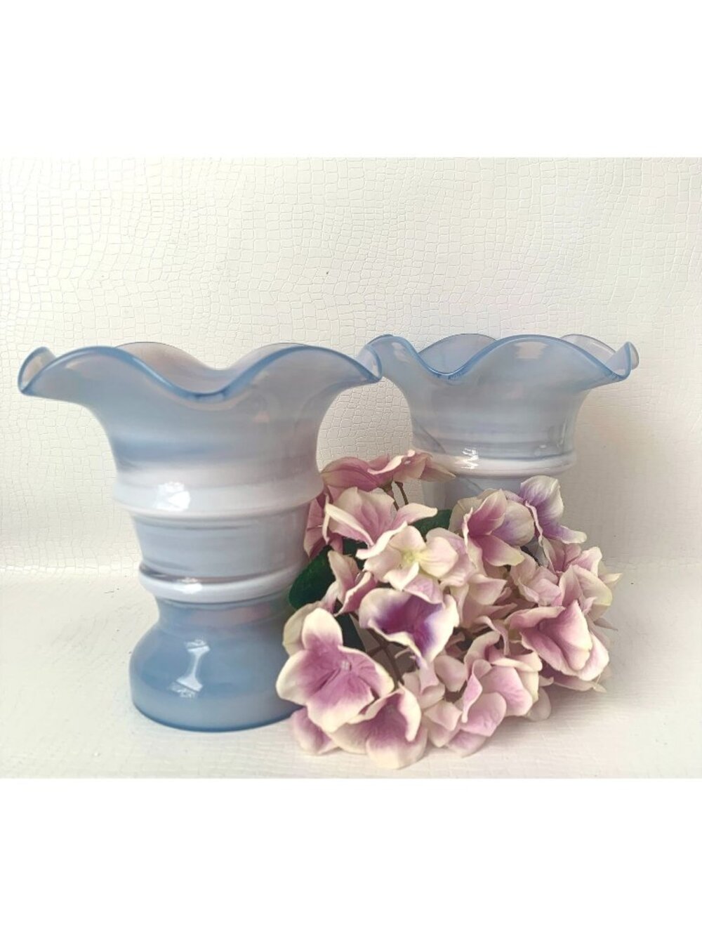 2 Altaglass Art Glass Vase Ruffled Rims Blue White Swirls